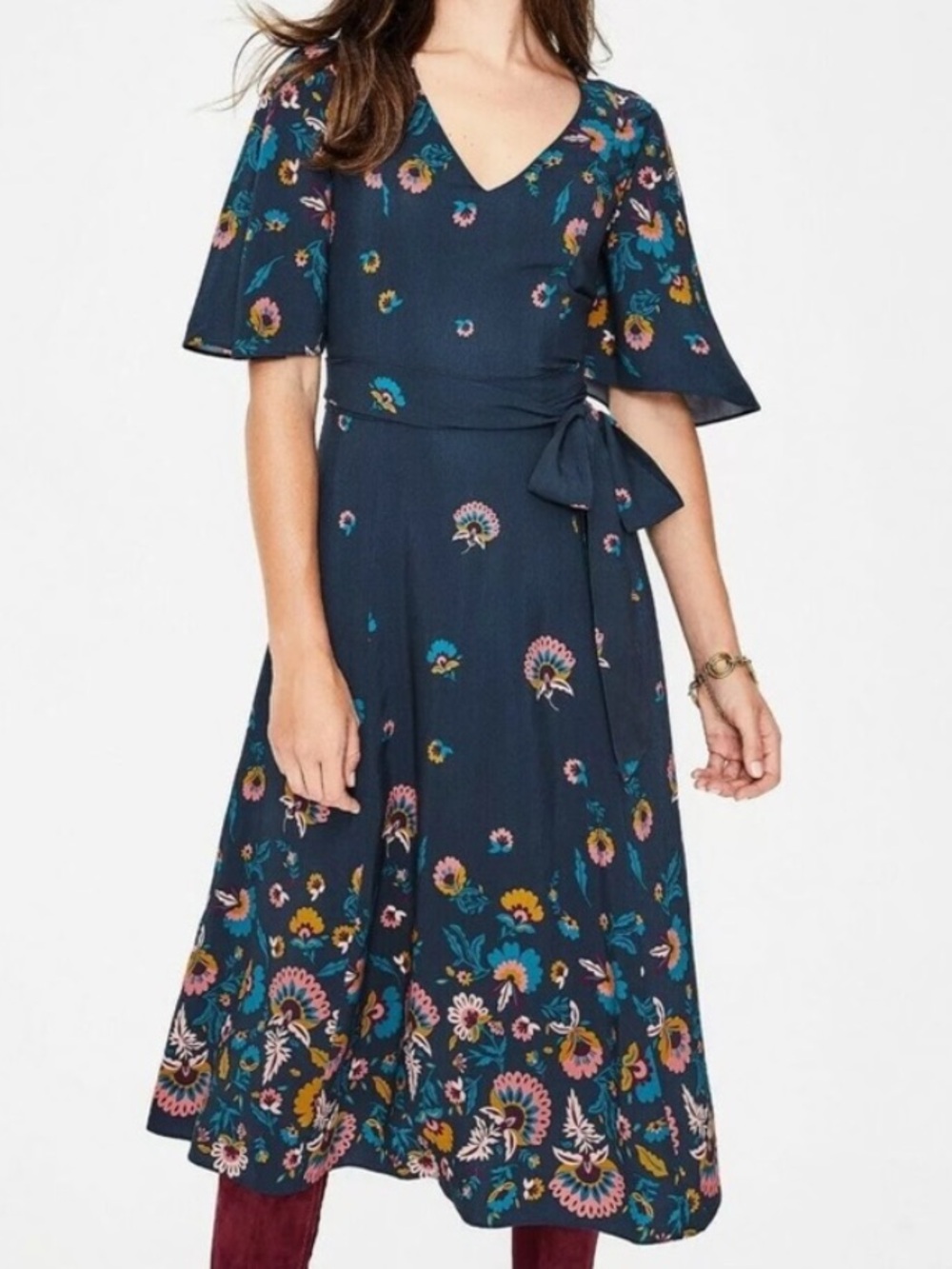 Boden Emilie Midi Dress NEW US8 Navy Flutter Sleeve Floral with Tie Waist